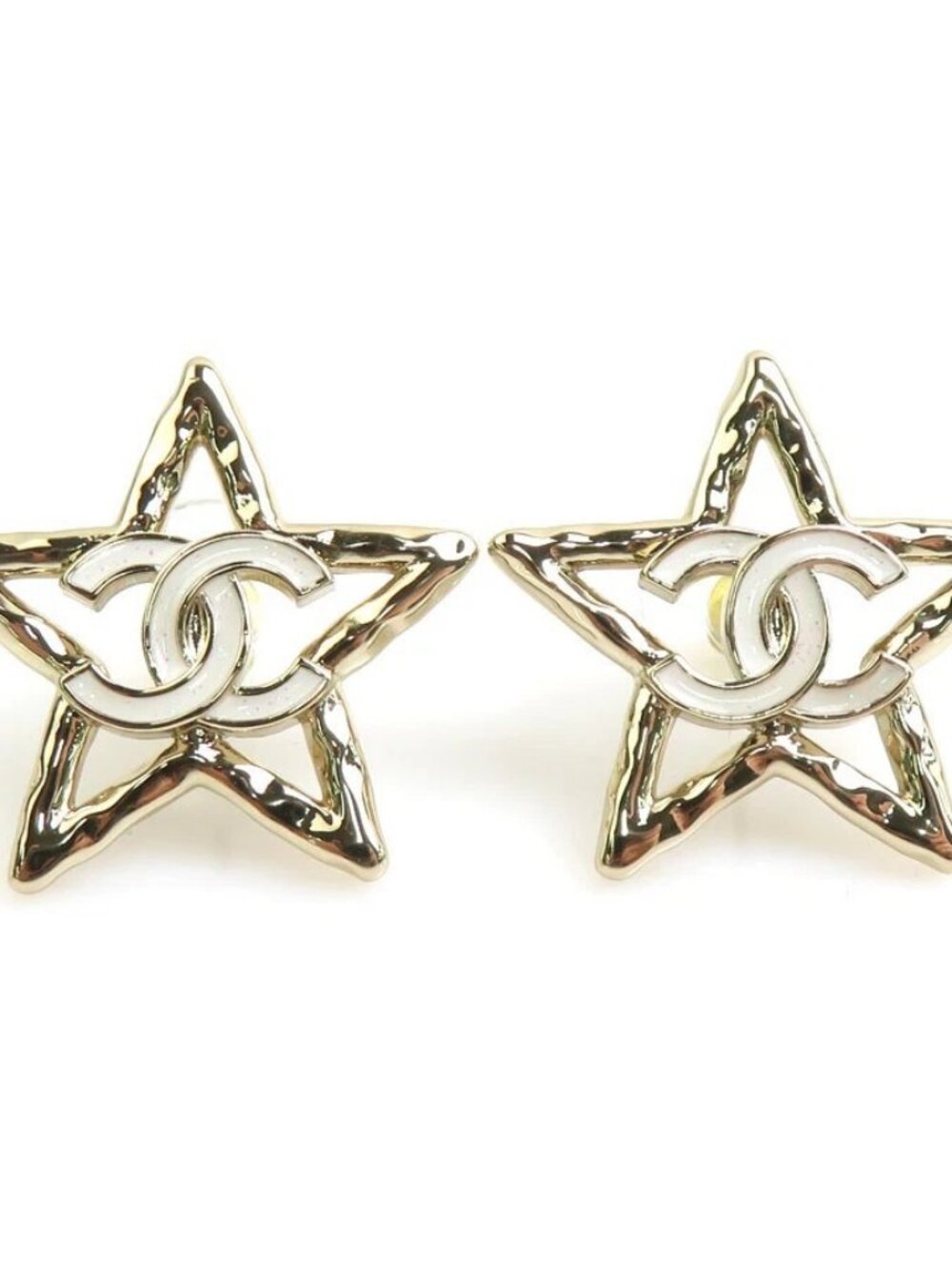 CHANEL CC Logo Star Motif Pierce Earrings Gold/White Metal